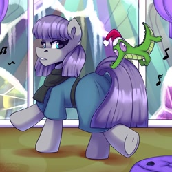 Size: 2000x2000 | Tagged: safe, artist:shadowreindeer, imported from derpibooru, gummy, maud pie, alligator, earth pony, pony, reptile, christmas, clothes, dancing, dress, female, hat, high res, holiday, male, mare, music notes, party, santa hat, underhoof, winter party