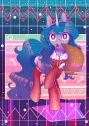 Size: 2480x3508 | Tagged: safe, artist:wavecipher, imported from derpibooru, izzy moonbow, pony, unicorn, christmas, clothes, costume, g5, hat, high res, holiday, mouth hold, my little pony: a new generation, santa costume, santa hat, socks, solo, stockings, thigh highs, white pupils