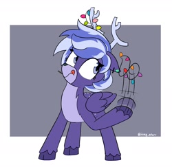 Size: 2000x1943 | Tagged: safe, artist:icey, imported from derpibooru, oc, oc only, oc:night sky, deer, deer pony, original species, peryton, pony, blue coat, blue eyes, christmas, christmas lights, cloven hooves, commission, eyelashes, folded wings, holiday, pale belly, signature, solo, speed lines, tongue out, two toned mane, unshorn fetlocks, wings