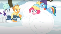 Size: 1679x936 | Tagged: safe, artist:agrol, imported from derpibooru, applejack, pinkie pie, rainbow dash, rarity, earth pony, pegasus, pony, unicorn, carrot, female, food, hat, levitation, magic, mare, rolling, snow, snowball, telekinesis