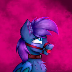 Size: 2308x2318 | Tagged: safe, artist:darklight1315, imported from derpibooru, oc, oc only, oc:stardust, bat pony, pony, ballgag, bdsm, blushing, bondage, bridle, bust, chest fluff, collar, ear fluff, gag, high res, solo, tack