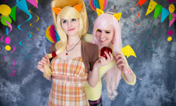 Size: 900x545 | Tagged: safe, artist:jessie lykens, artist:yashuntafun, imported from derpibooru, applejack, fluttershy, bat pony, human, apple, bat ponified, clothes, cosplay, costume, flutterbat, food, irl, irl human, photo, race swap