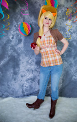 Size: 567x900 | Tagged: safe, artist:yashuntafun, imported from derpibooru, applejack, human, apple, clothes, cosplay, costume, food, hand on hip, irl, irl human, photo