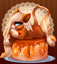 Size: 800x905 | Tagged: safe, artist:cabbage-arts, imported from derpibooru, oc, oc only, original species, pony, cake, commission, commissioner:lild12702, female, flower, food, leonine tail, lying down, orange, prone, solo, tail, ych result