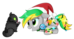 Size: 1618x868 | Tagged: safe, artist:khimi-chan, imported from derpibooru, oc, oc only, cat, pegasus, pony, christmas, colored wings, duo, eyelashes, female, hat, headphones, holiday, mare, oc name needed, pegasus oc, santa hat, simple background, transparent background, two toned wings, wings, wrapped up