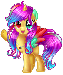Size: 1368x1620 | Tagged: safe, artist:gihhbloonde, imported from derpibooru, oc, oc only, alicorn, pony, alicorn oc, base used, eyelashes, female, heterochromia, horn, jewelry, mare, multicolored hair, necklace, rainbow hair, simple background, smiling, solo, transparent background, underhoof, waving, wings