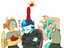 Size: 1610x1208 | Tagged: safe, artist:redxbacon, imported from derpibooru, oc, oc only, oc:bush whack, oc:pin point, oc:snap back, anthro, earth pony, pegasus, unicorn, balancing, female, glasses, magic, military, plastic cup, shenanigans, simple background, sleeping, trio, trio female, white background