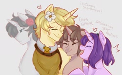 Size: 1788x1098 | Tagged: safe, artist:aylufujo, imported from derpibooru, oc, oc only, pony, unicorn, bust, clothes, dialogue, eyes closed, flower, flower in hair, horn, male, simple background, smiling, stallion, unicorn oc