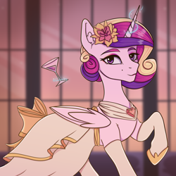 Size: 2000x2000 | Tagged: safe, artist:tanatos, imported from derpibooru, princess cadance, alicorn, pony, alternate hairstyle, clothes, dress, female, flower, flower in hair, glass, glowing, glowing horn, high res, horn, looking at you, magic, magic aura, mare, raised hoof, smiling, smiling at you, solo, telekinesis