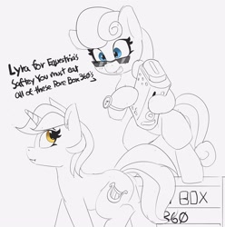 Size: 2798x2819 | Tagged: safe, artist:pabbley, imported from derpibooru, bon bon, lyra heartstrings, sweetie drops, earth pony, pony, unicorn, bipedal, consoling, dialogue, duo, female, grayscale, high res, mare, misspelling, monochrome, partial color, simple background, sunglasses, this will end in pain, this will not end well, watch, white background, wristwatch, xbox 360
