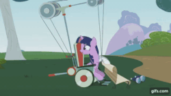 Size: 640x360 | Tagged: safe, imported from derpibooru, screencap, twilight sparkle, pony, unicorn, feeling pinkie keen, season 1, animated, female, gif, gifs.com, hay, mare, slapstick, solo, unicorn twilight, wheelchair