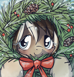 Size: 1567x1635 | Tagged: safe, artist:anonymous, imported from ponybooru, oc, oc only, oc:pine ponder, pony, /mlp/, blushing, bow, cute, female, frosted eyelashes, garland, holly, hoof hold, looking at you, mare, pinecone, smiling, snowpony (species), solo, taiga pony, wreath