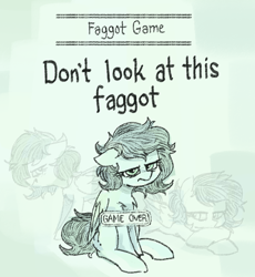 Size: 702x762 | Tagged: safe, artist:plunger, imported from ponybooru, oc, oc:filly anon, pegasus, pony, annoyed, faggot, female, filly, foal, looking at you, race swap, slur, the game, vulgar