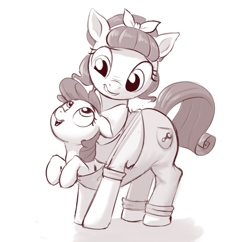 Size: 1463x1417 | Tagged: safe, artist:crade, imported from ponybooru, apple bloom, torque wrench, earth pony, pony, clothes, duo, female, filly, foal, grayscale, looking at each other, looking down, looking up, mare, monochrome, overalls, simple background, white background