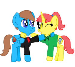 Size: 1280x1136 | Tagged: safe, artist:nightshadowmlp, imported from derpibooru, oc, oc only, oc:court case, oc:game point, pegasus, unicorn, derpibooru community collaboration, 2022 community collab, clothes, duo, family, father and child, father and daughter, female, firealpaca, hoodie, hoof on shoulder, horn, male, mare, one eye closed, open mouth, pegasus oc, simple background, smiling, stallion, suit, transparent background, unicorn oc