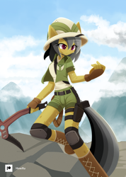 Size: 1000x1407 | Tagged: safe, artist:howxu, imported from derpibooru, daring do, anthro, pegasus, belt, boots, breasts, clothes, compass, female, fingerless gloves, gloves, gun, handgun, hat, holster, knee pads, mountain, pickaxe, pistol, shirt, shoes, shorts, solo, sweat