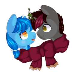 Size: 1000x1000 | Tagged: safe, artist:veincchi, imported from derpibooru, oc, oc only, oc:aneroid hydrolock, oc:marine grade, earth pony, pony, unicorn, blushing, christmas, clothes, commission, holiday, mistletoe, scarf, shared clothing, shared scarf, simple background, transparent background, ych result