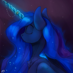 Size: 2160x2160 | Tagged: safe, artist:tenebrisnoctus, imported from derpibooru, princess luna, alicorn, pony, ethereal mane, eyes closed, female, galaxy mane, glowing, glowing horn, high res, horn, horn jewelry, jewelry, mare, signature, solo