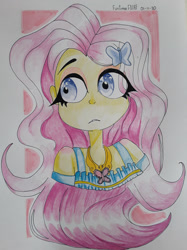 Size: 1280x1707 | Tagged: safe, artist:hetzielart, imported from derpibooru, fluttershy, equestria girls, bare shoulder portrait, bare shoulders, bust, eye clipping through hair, portrait, solo, traditional art