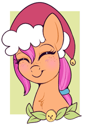 Size: 475x693 | Tagged: safe, artist:lulubell, imported from derpibooru, sunny starscout, earth pony, pony, bust, christmas, cute, eyes closed, freckles, g5, hat, holiday, my little pony: a new generation, neck fluff, santa hat, smiling, sunnybetes