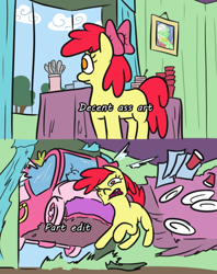 Size: 500x630 | Tagged: safe, artist:jargon scott, imported from derpibooru, apple bloom, earth pony, pony, 2 panel comic, apple bloom's bow, applejack truck, blank flank, bow, car, car accident, car crash, comic, crash, fart, fart fetish, female, fetish, filly, hair bow, implied farting, meta, op is right, text, true