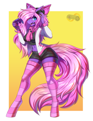 Size: 2639x3410 | Tagged: safe, artist:ask-colorsound, imported from derpibooru, oc, oc only, oc:lillybit, anthro, unguligrade anthro, adorkable, bow, clothes, controller, cute, dork, gaming headset, headphones, headset, high res, ribbon, scarf, smiling, socks, stockings, striped socks, thigh highs, zettai ryouiki