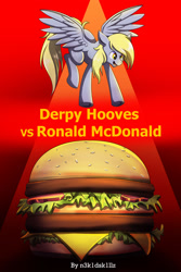 Size: 1280x1920 | Tagged: safe, artist:littletigressda, imported from derpibooru, big macintosh, derpy hooves, pegasus, pony, burger, fanfic art, food, mcdonald's, ronald mcdonald, solo, text