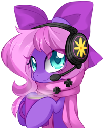 Size: 1000x1232 | Tagged: safe, artist:loyaldis, imported from derpibooru, oc, oc only, oc:lillybit, adorkable, bow, clothes, cute, dork, gaming headset, headphones, headset, ribbon, scarf, simple background, transparent background