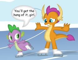 Size: 3507x2705 | Tagged: safe, artist:porygon2z, imported from derpibooru, smolder, spike, dragon, duo, female, high res, ice skates, ice skating, male, open mouth, speech bubble