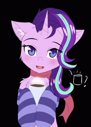 Size: 2500x3500 | Tagged: safe, artist:lunar froxy, imported from derpibooru, starlight glimmer, unicorn, black background, blushing, clothes, coffee, eyebrows, eyebrows visible through hair, female, high res, looking at you, mare, simple background, socks, solo, striped socks