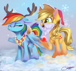 Size: 1280x1200 | Tagged: safe, artist:sketchiix3, imported from derpibooru, applejack, rainbow dash, earth pony, pegasus, pony, animal costume, antlers, christmas, costume, duo, fake antlers, fake beard, fake tail, harness, hat, holiday, jingle bells, open mouth, rainbow dash is not amused, reindeer antlers, reindeer costume, reindeer dash, rudolph the red nosed reindeer, santa hat, snow, tack, unamused