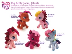 Size: 700x528 | Tagged: safe, imported from derpibooru, cheerilee (g3), pinkie pie, pinkie pie (g3), rainbow dash (g3), scootaloo (g3), toola roola, earth pony, pony, all-american girl, american, big head, chibi, concept, discoloration, g3, g3.5, logo, merchandise, missing cutie mark, no iris, official, plushie, pony plushie, ponyville (g3), prototype, toy, unreleased, wrong coat color, wrong color