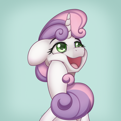 Size: 3700x3700 | Tagged: safe, artist:mirrorcrescent, imported from derpibooru, sweetie belle, pony, unicorn, blue background, bust, cute, diasweetes, female, filly, high res, hoof on chin, open mouth, portrait, simple background, smiling, solo