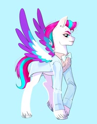 Size: 1365x1742 | Tagged: safe, artist:aztrial, imported from derpibooru, zipp storm, pegasus, pony, blue background, bowtie, clothes, ear piercing, earring, female, g5, jewelry, looking at you, mare, my little pony: a new generation, piercing, simple background, smiling, smiling at you, solo, spread wings, suit, tomboy, wings