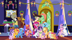 Size: 1280x707 | Tagged: safe, artist:darkmoonanimation, edit, edited screencap, imported from derpibooru, screencap, apple bloom, applejack, big macintosh, capper dapperpaws, captain celaeno, discord, fluttershy, little mac, night light, pinkie pie, princess cadance, princess flurry heart, rainbow dash, rarity, scootaloo, shining armor, spike, starlight glimmer, sugar belle, sunset shimmer, sweetie belle, trixie, twilight sparkle, twilight velvet, alicorn, bird, cat, draconequus, earth pony, pegasus, pony, unicorn, bells, chest fluff, christmas, crown, cutie mark crusaders, ear piercing, earring, family, fangs, female, fire, hat, heart, holiday, jewelry, male, mane seven, mane six, mole, picture frame, piercing, pirate hat, regalia, stock vector, twilight sparkle (alicorn), twilight's castle