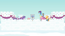 Size: 1366x768 | Tagged: safe, artist:agrol, imported from derpibooru, applejack, fluttershy, pinkie pie, rainbow dash, rarity, starlight glimmer, earth pony, pegasus, pony, unicorn, eyes closed, hat, snow, snow castle, snowball, youtube, youtube link