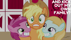 Size: 1280x720 | Tagged: safe, edit, edited screencap, editor:quoterific, imported from derpibooru, screencap, applejack, earth pony, pony, unicorn, fame and misfortune, season 7, applejack's hat, cowboy hat, female, filly, grin, hat, mare, messy mane, smiling, sweet apple acres barn