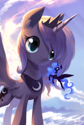 Size: 1069x1600 | Tagged: safe, alternate version, artist:gianghanz, imported from derpibooru, nightmare moon, princess luna, alicorn, pony, cute, duality, duo, female, giant pony, lunabetes, macro, mare, s1 luna, size difference, sky background