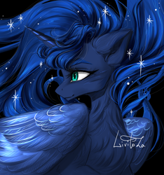 Size: 3000x3200 | Tagged: safe, artist:livitoza, imported from derpibooru, princess luna, alicorn, pony, beautiful, black background, chest fluff, ethereal mane, female, high res, mare, profile, simple background, solo, starry mane