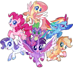 Size: 1024x957 | Tagged: safe, artist:uunicornicc, imported from derpibooru, applejack, fluttershy, pinkie pie, rainbow dash, rarity, spike, twilight sparkle, alicorn, pony, alternate design, colored wings, mane seven, mane six, multicolored wings, simple background, stock vector, transparent background, twilight sparkle (alicorn), wings