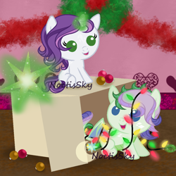 Size: 1000x1000 | Tagged: safe, artist:ashakalovsky, artist:noctissky, imported from derpibooru, oc, oc:lacetail, oc:sharpclaw, dracony, hybrid, baby, base used, box, christmas, christmas lights, colt, female, filly, foal, happy, holiday, interspecies offspring, male, offspring, ornaments, parent:rarity, parent:spike, parents:sparity, siblings, watermark
