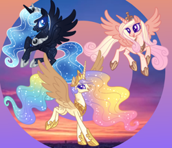 Size: 3000x2588 | Tagged: safe, artist:cactiflowers, imported from derpibooru, princess cadance, princess celestia, princess luna, alicorn, pony, abstract background, alternate design, flying, high res, lidded eyes, looking at you, open mouth, smiling, spread wings, wings