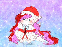 Size: 2556x1933 | Tagged: safe, artist:krissstudios, imported from derpibooru, oc, oc:mizhore, pegasus, pony, chest fluff, christmas, chubbie, hat, holiday, santa hat, solo