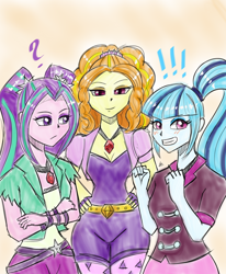 Size: 1400x1700 | Tagged: safe, artist:zachc, imported from derpibooru, adagio dazzle, aria blaze, sonata dusk, equestria girls, bracelet, crossed arms, cute, exclamation point, female, gem, happy, jewelry, pigtails, ponytail, question mark, siren gem, smiling, sonatabetes, the dazzlings, trio, twintails