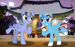 Size: 1280x800 | Tagged: safe, artist:princesslatam-yt, imported from derpibooru, oc, oc:stella moonshine, pony, duo, irl, korean air, photo, ponies in real life, ponified, south korea