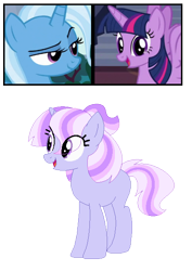 Size: 438x620 | Tagged: safe, artist:tragedy-kaz, imported from derpibooru, trixie, twilight sparkle, oc, alicorn, pony, unicorn, base used, eyelashes, female, horn, magical lesbian spawn, mare, offspring, parent:trixie, parent:twilight sparkle, parents:twixie, screencap reference, simple background, smiling, transparent background, twilight sparkle (alicorn), unicorn oc