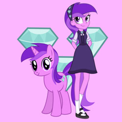 Size: 1280x1280 | Tagged: safe, artist:media1997, artist:rainbowrage12, artist:thecheeseburger, imported from derpibooru, amethyst star, sparkler, human, pony, unicorn, equestria girls, cutie mark background, equestria girls-ified, female, human ponidox, mare, self paradox, self ponidox, simple background