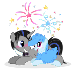 Size: 1888x1880 | Tagged: safe, artist:khimi-chan, imported from derpibooru, oc, oc only, oc:curly mane, oc:earl grey, pony, sheep, sheep pony, blushing, bowtie, chest fluff, duo, eyelashes, female, fireworks, male, mare, oc x oc, shipping, simple background, smiling, stallion, straight, transparent background