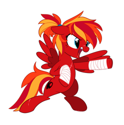 Size: 1985x2000 | Tagged: safe, alternate version, artist:khimi-chan, imported from derpibooru, oc, oc only, oc:fire strike, pegasus, pony, arm wraps, bipedal, eyelashes, female, freckles, mare, open mouth, pegasus oc, punch, scar, sharp teeth, simple background, teeth, transparent background, underhoof, wings