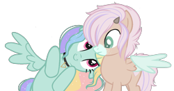 Size: 1306x683 | Tagged: safe, artist:necrophilifox, imported from derpibooru, oc, oc only, pegasus, pony, base used, choker, duo, eyelashes, female, frown, imma snuggle you, mare, multicolored hair, pegasus oc, rainbow hair, simple background, smiling, spread wings, transparent background, wings